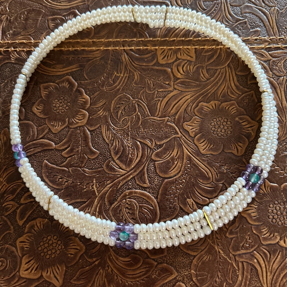 Elegant Pearl and Amethyst beaded  choker